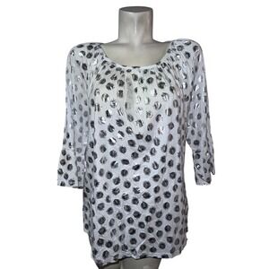 New Michael Kors Top Silver Metallic Palm Leaf White Bell Sleeve Shirt Womens XL